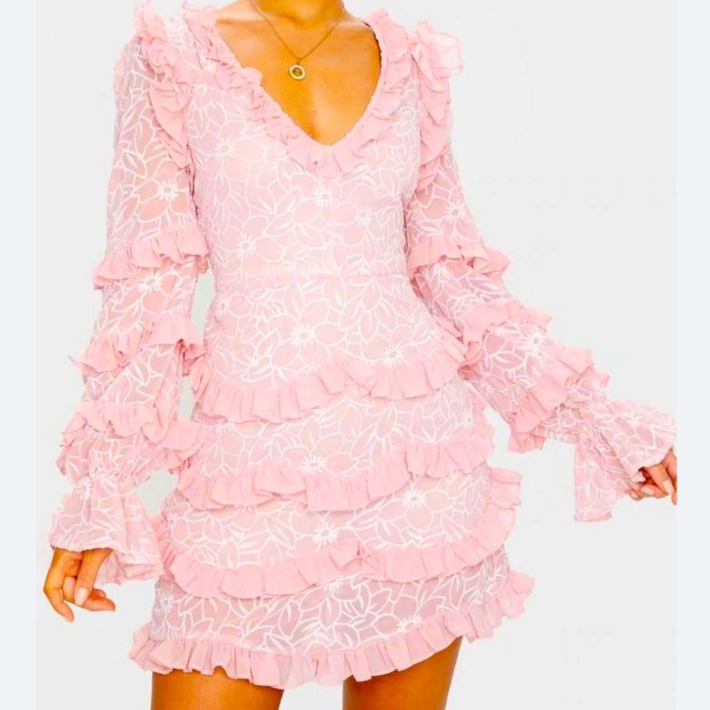 PrettyLittleThing pink floral ruffle mini dress